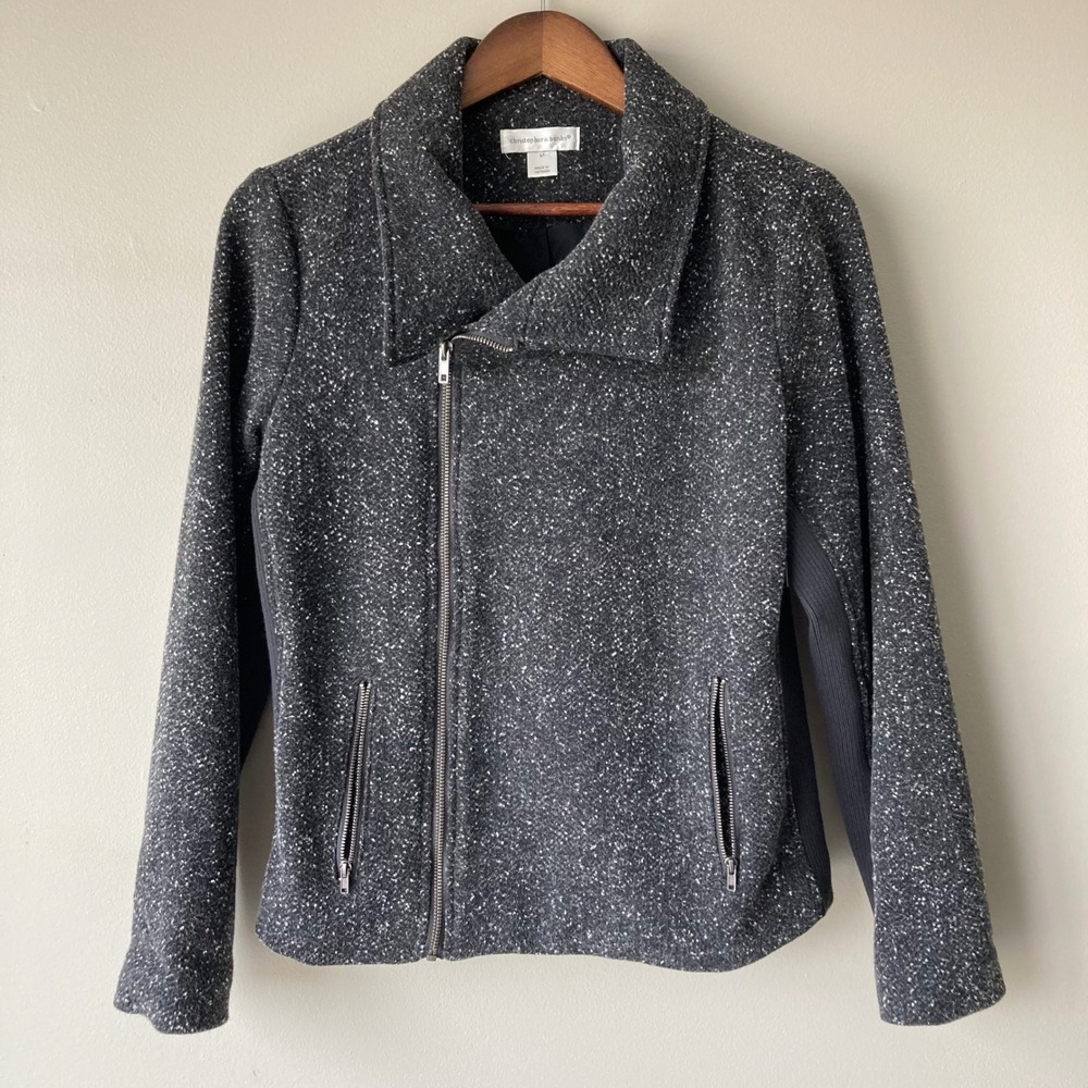 Christopher & Banks Womens Gray Marled Knit Asymmetrical Zip Moto Jacket Medium